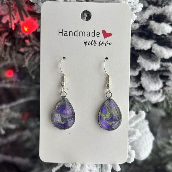 Handmade Purple Acrylic Pour Marble Teardrop Dangle Earrings Hypoallergenic Gift - Picture 1 of 4